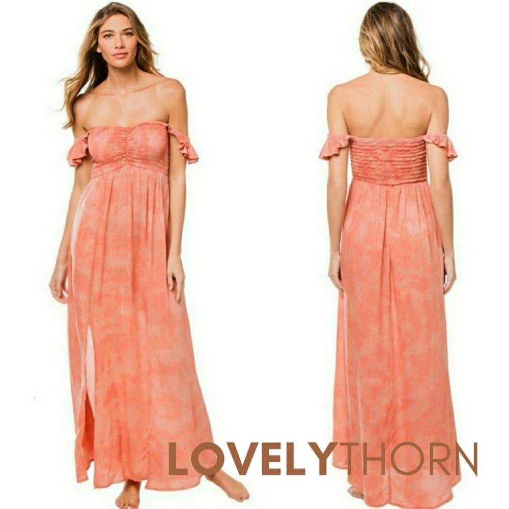 TIARE HAWAII // peach print off the shoulder smocked maxi dress